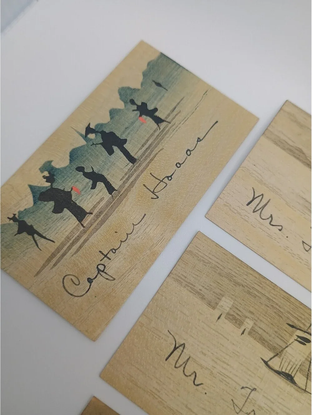 Set of 22 Vintage Japanese Wood Veneer Calling Cards with Names